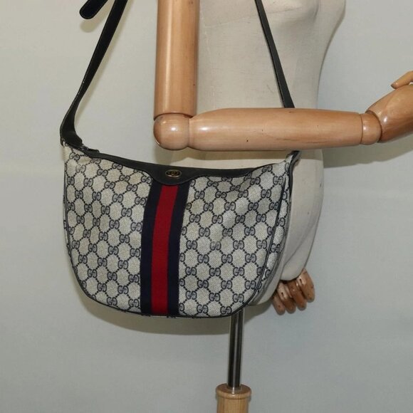 GUCCI GG Supreme Sherry Line Shoulder Bag PVC Navy Gold 10 2 8840 Auth 127091 - Picture 1 of 16